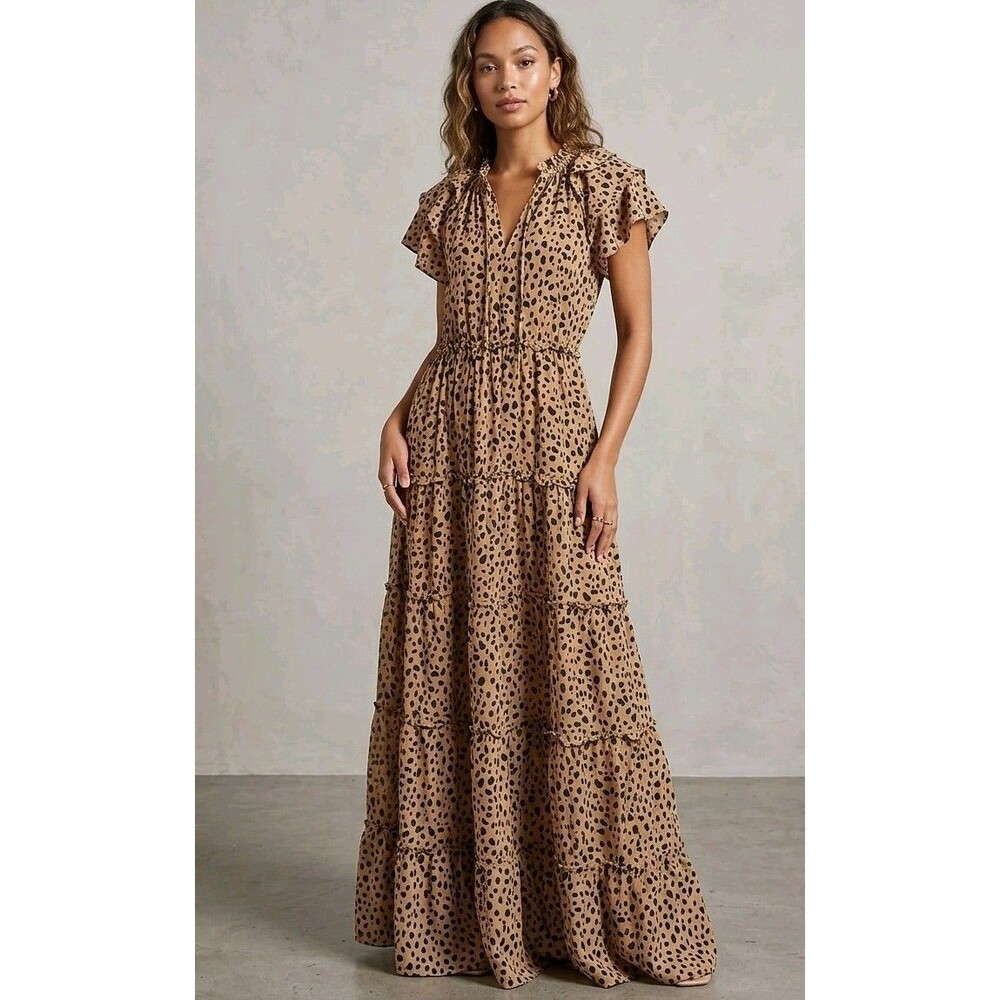Crown & Ivy 100% Cotton  Leopard Print Maxi Dress XL Boho Tiered Ruffle vacation